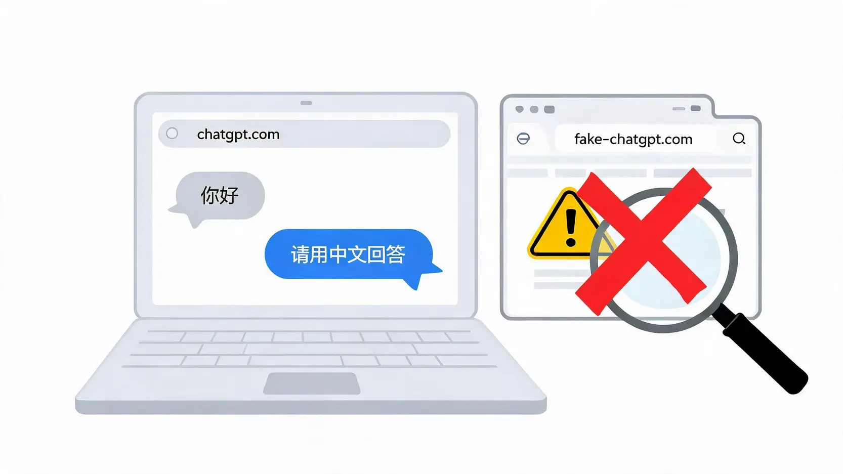 ChatGPT免费中文版官方入口识别与防山寨示意图
